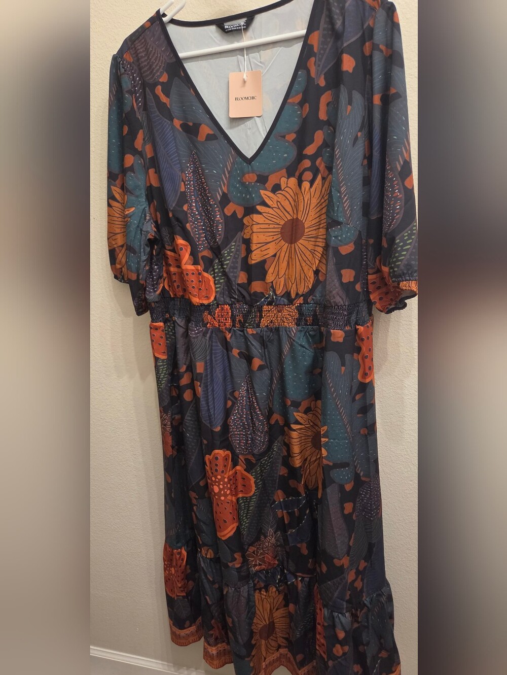 BloomChic NWT Green Floral Midi Dress with Rust Orange Accents